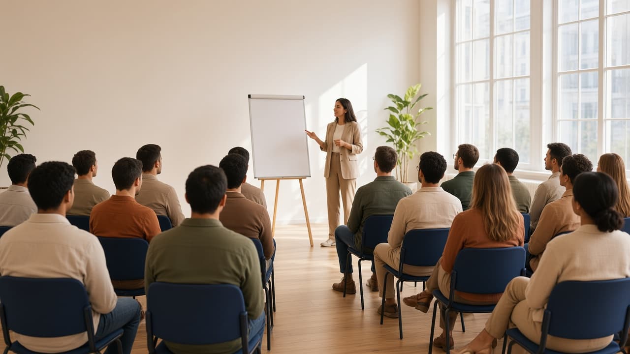 A facilitator presenting to a seated group